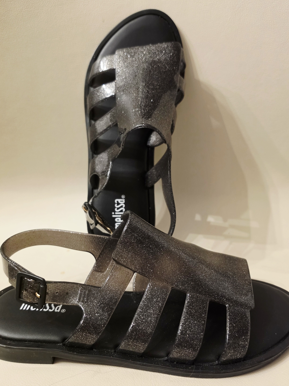 Melissa Women’s Glitter Jelly Slingback Sandal in Metallic Silver-Black